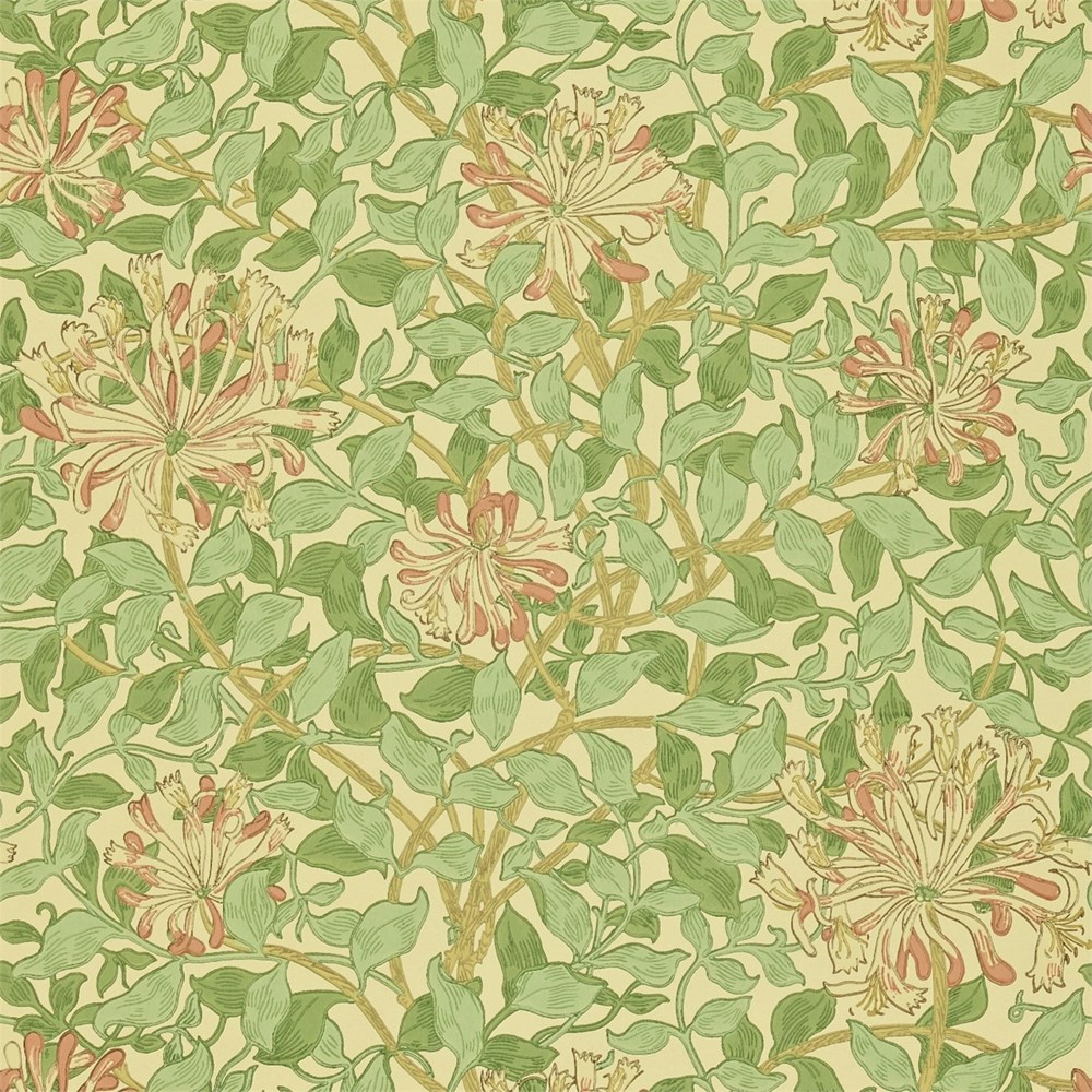 Honeysuckle Wallpaper 210435 by Morris & Co in Green Beige Pink